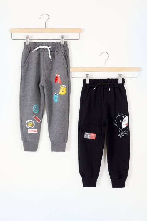 Erkek Çocuk Sevimli Harf Baskılı Ayıcıklı 2li Eşofman Altı Antrasit-Lacivert 17693