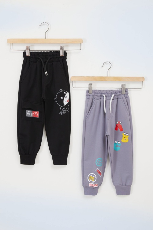 Erkek Çocuk Sevimli Harf Baskılı Ayıcıklı 2li Eşofman Altı Mavi-Siyah 17692