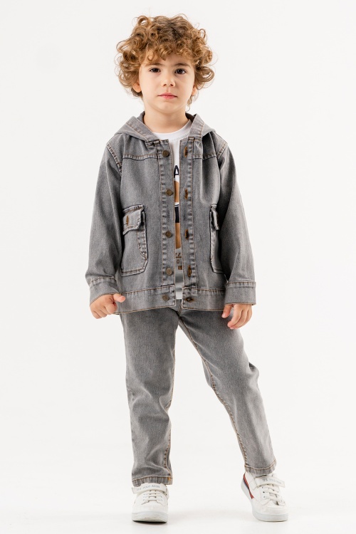 Erkek Çocuk Yazı Baskılı Tişörtlü Kapşonlu Ceketli Füme Jean Takım 17720
