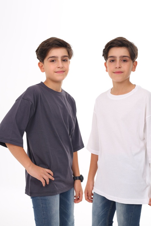 Füme - Beyaz Düz Bisiklet Yaka 2li Erkek Tişört 18043