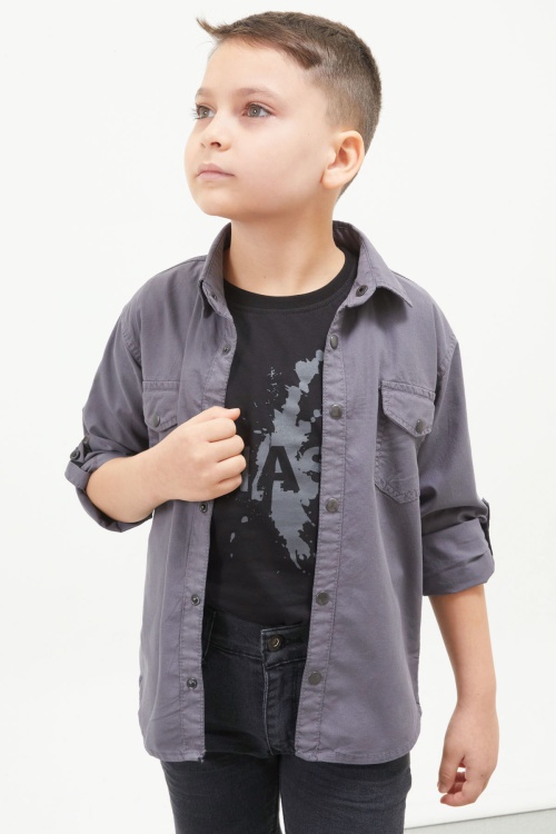 Füme Kolları Şerit Yazılı Jean Gömlekli Tişört Erkek Çocuk 2li Takım 17644