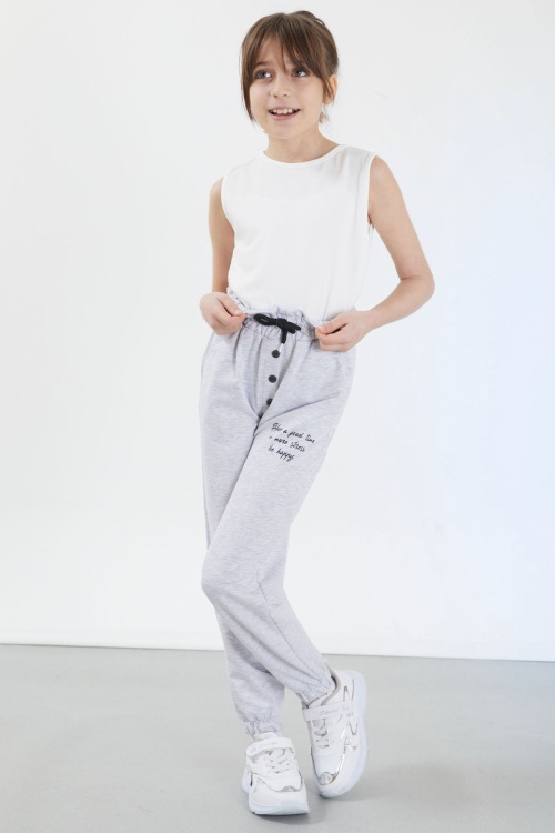 Gri Have a Good Time Yazılı Düğme Detaylı Kız Eşofman Altı 17677