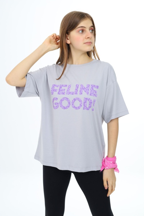 Gri Leopar Desenli Yazılı Bisiklet Yaka Kız T-shirt 17778