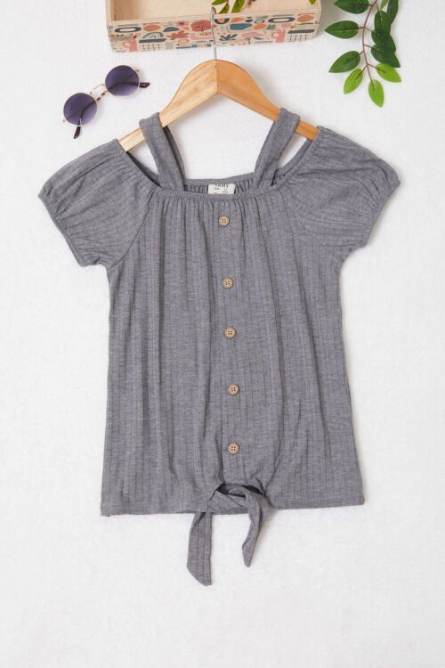 Gri Omuz Askılı Düğme Detaylı Kız Çocuk T-shirt 17606