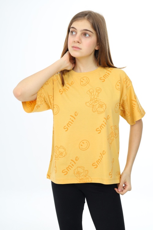 Hardal Smile Baskılı Bisiklet Yaka Kız Çocuk T-shirt 17767