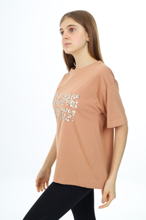 Kahve Leopar Desenli Yazılı Bisiklet Yaka Kız T-shirt 17777