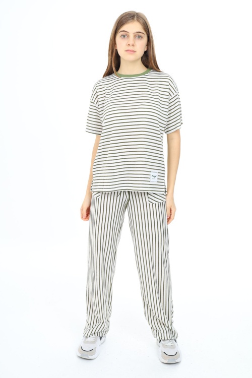 Haki Kısa Kollu Çizgili Kız Çocuk Takım 17980