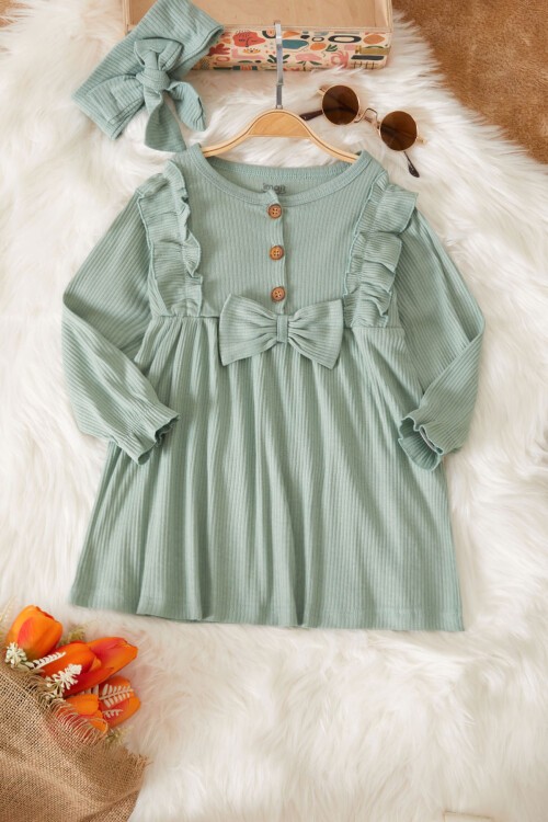 Kız Bebek Fiyonk Detaylı Bandanalı Haki Elbise 17502