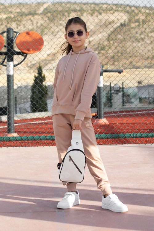 Kız Çocuk Bej Basic Kapüşonlu Takım 17146