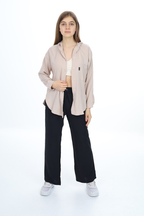 Krem Kız Çocuk Kapüşonlu Gömlekli Takım 17961