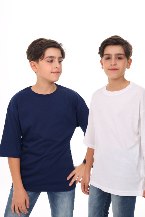 Lacivert - Beyaz Düz Bisiklet Yaka 2li Erkek Tişört 18045