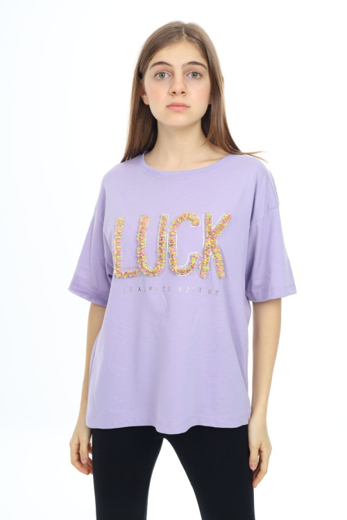 Lila Luck Yazılı Bisiklet Yaka Kız Tişört 17803