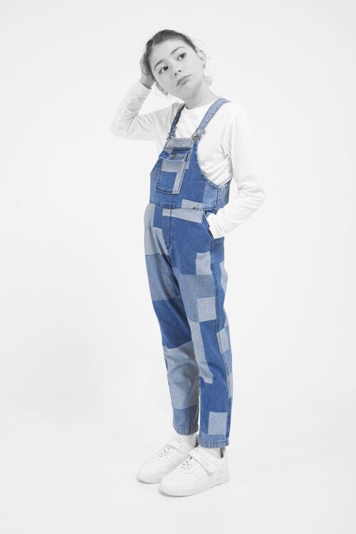 Mavi Kare Desenli Kız Çocuk Jean Salopet Tulum 17612