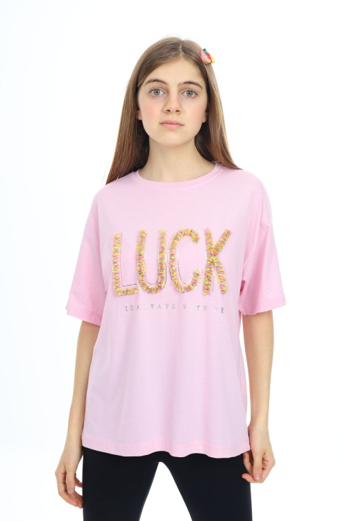 Pembe Luck Yazılı Bisiklet Yaka Kız Tişört 17802