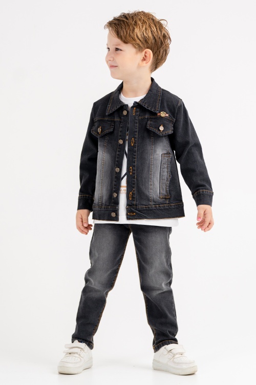Siyah Jean Ceketli Pantolonlu Erkek Çocuk Tişörtlü 3lü Takım 18073