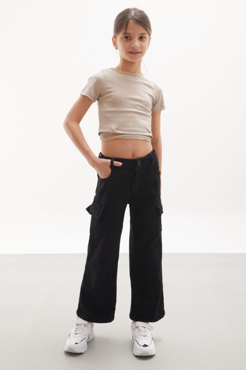 Siyah Kargo Cepli Geniş Paça Kız Çocuk Jean Pantolon 18112