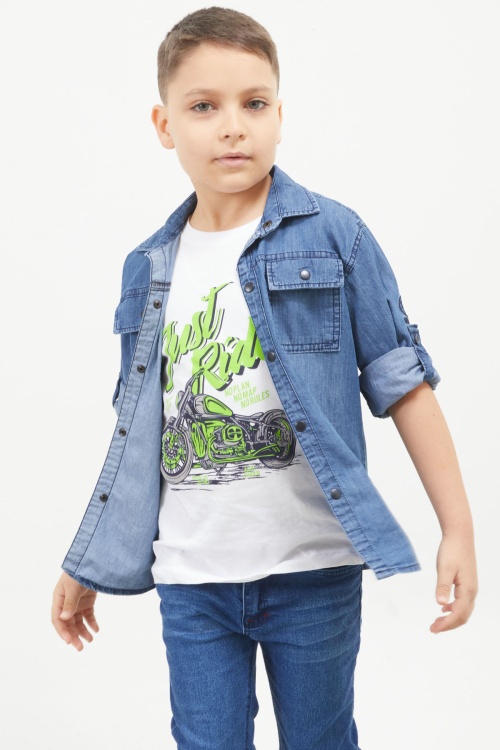 Yeşil Ride Baskılı Jean Gömlekli T-shirt Erkek Çocuk 2li Takım 17568