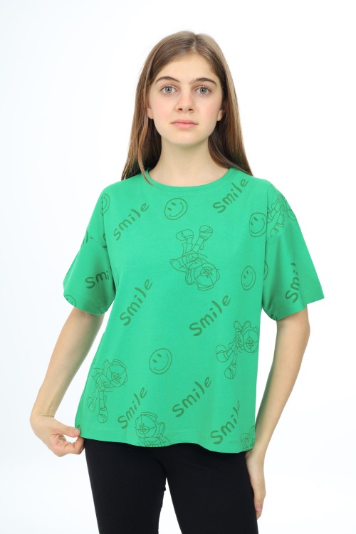 Yeşil Smile Baskılı Bisiklet Yaka Kız Çocuk T-shirt 17763