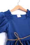 Kız Çocuk Koyu Mavi Kare Yakalı 3-8 Yaş Gipeli Elbise 3328-8