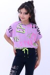 Kız Çocuk Lila Neon Yazı Baskı 7-14 Yaş Crop T-Shirt 0055-2
