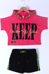 Kız Çocuk Pembe 2021 Neon Fashion 7-14Yaş 2’li Crop Takım 0125-3