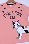 Kız Çocuk Somon Simli Kedi Baskı 4-8 Yaş T-Shirt 1955-4