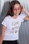 Kız Çocuk Beyaz 8-15 Yaş Love NY Pullu Yazılı T-Shirt 6592