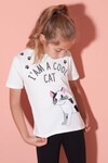 Kız Çocuk Ekru Simli Kedi Baskı 4-8 Yaş T-Shirt 1955