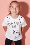 Kız Çocuk Ekru Simli Kedi Baskı 4-8 Yaş T-Shirt 1955