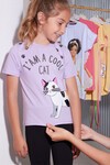 Kız Çocuk Lila Simli Kedi Baskı 4-8 Yaş T-Shirt 1955-2
