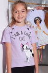 Kız Çocuk Lila Simli Kedi Baskı 4-8 Yaş T-Shirt 1955-2
