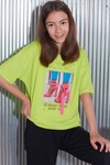 Kız Çocuk Neon Yeşil Resim Baskı Şeritli 7-14 Yaş T-Shirt 4131
