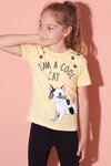 Kız Çocuk Sarı Simli Kedi Baskı 4-8 Yaş T-Shirt 1955-3
