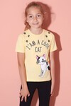 Kız Çocuk Sarı Simli Kedi Baskı 4-8 Yaş T-Shirt 1955-3