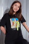 Kız Çocuk Siyah Resim Baskı Şeritli 7-14 Yaş T-Shirt 4131-1
