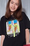 Kız Çocuk Siyah Resim Baskı Şeritli 7-14 Yaş T-Shirt 4131-1