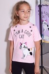 Kız Çocuk Toz Pembe Simli Kedi Baskı 4-8 Yaş T-Shirt 1955-1