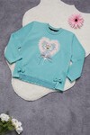 Kız Çocuk Mint Fiyonklu Kalp Nakışlı 2-7 Yaş Sweatshirt 6003