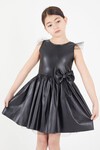 Kız Çocuk Tül Detaylı Fiyonklu Deri Elbise 15036