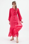 Pembe Yakası Kuşaklı Kız Şifon Elbise 15204