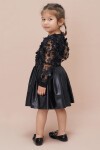 Siyah Tüllü Çiçek Desenli Kız Çocuk Deri Elbise 15035