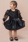 Siyah Tüllü Çiçek Desenli Kız Çocuk Deri Elbise 15035