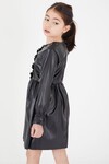 Siyah Uzun Kollu Düğmeli Kız Çocuk Deri Elbise  15034