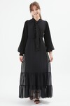 Siyah Yakası Kuşaklı Kız Şifon Elbise 15203