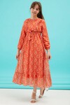 Turuncu Çiçek Desenli Fırfırlı Kız Çocuk Şifon Elbise 15212