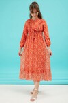 Turuncu Çiçek Desenli Fırfırlı Kız Çocuk Şifon Elbise 15212