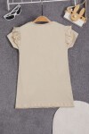 Bej Tavşan Detaylı Fırfırlı Kız Çocuk T-shirt 15541